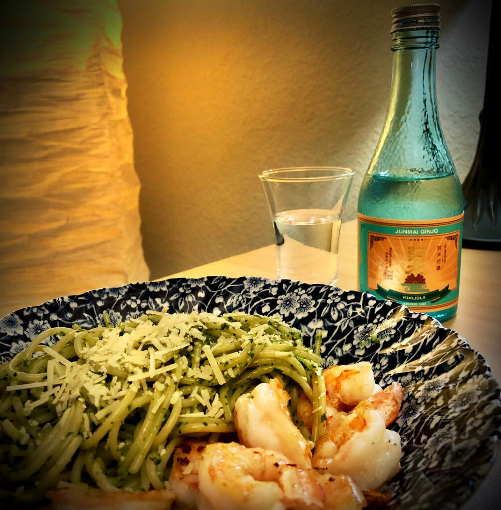Kikusui Junmai Ginjo, Shrimp sauté, and pesto pasta!